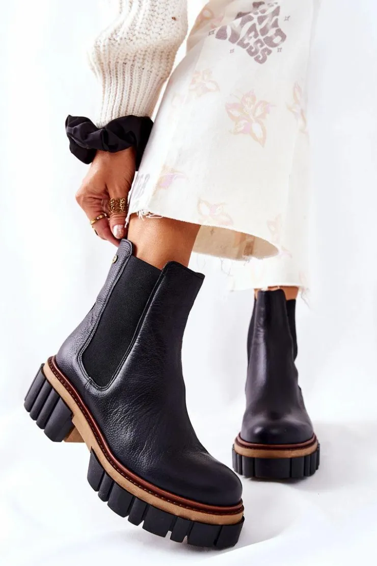 Damskie Maciejka Skórzane Botki Workery Czarne 05312-01