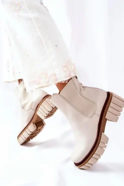 Maciejka Botki Maciejka|Brązowe I Beżowe Botki*Skórzane Botki Workery Beżowe 05312-04