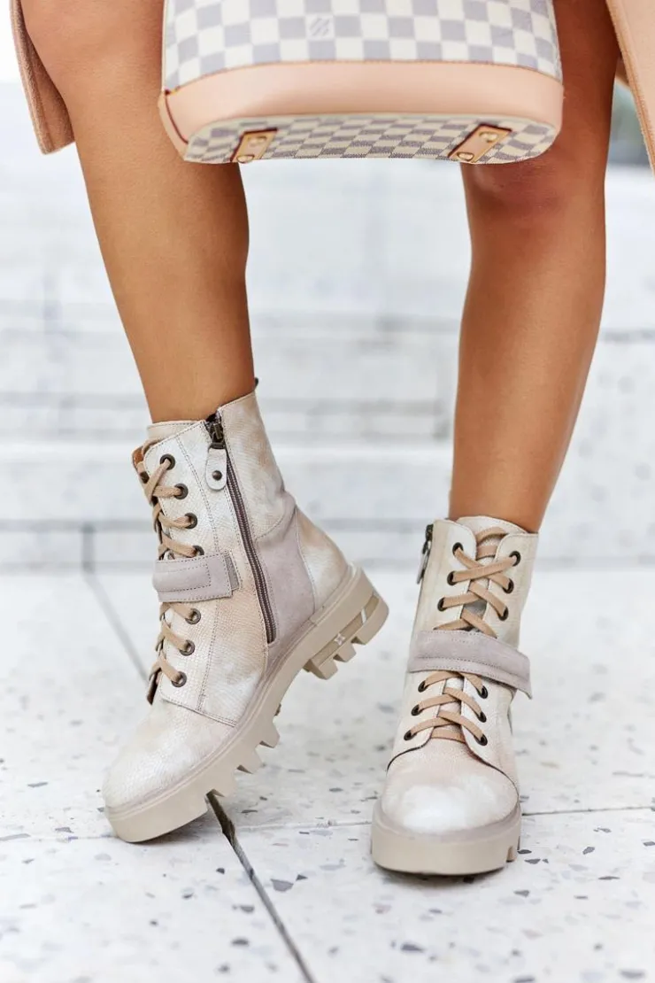 New Maciejka Skórzane Botki Workery Beżowe 05219-04