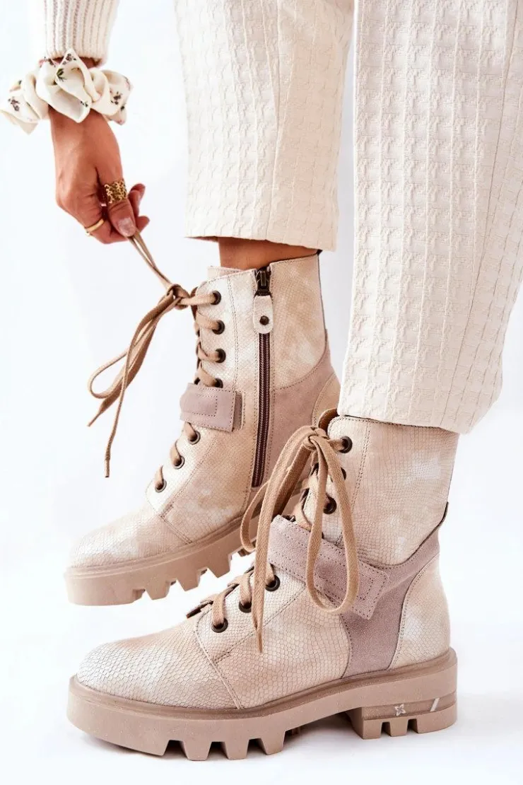 New Maciejka Skórzane Botki Workery Beżowe 05219-04