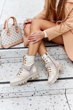 New Maciejka Skórzane Botki Workery Beżowe 05219-04