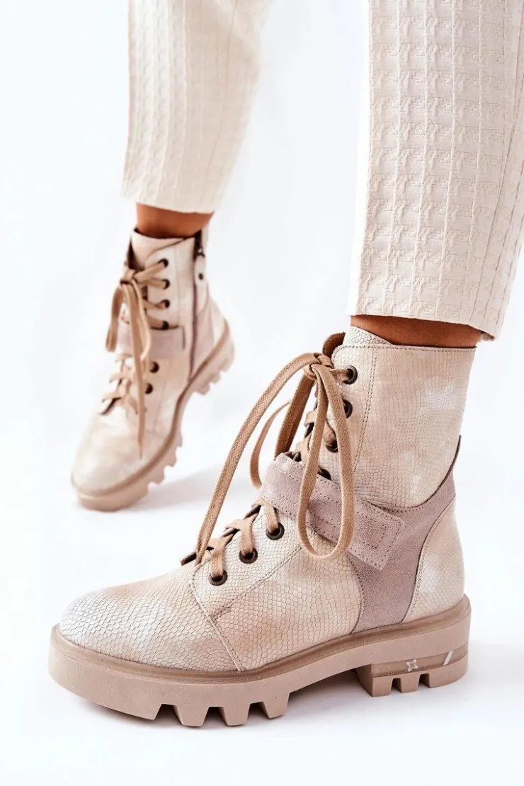 New Maciejka Skórzane Botki Workery Beżowe 05219-04