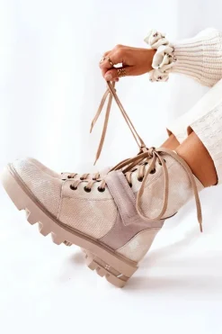 New Maciejka Skórzane Botki Workery Beżowe 05219-04