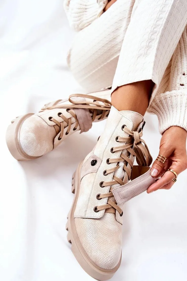 New Maciejka Skórzane Botki Workery Beżowe 05219-04