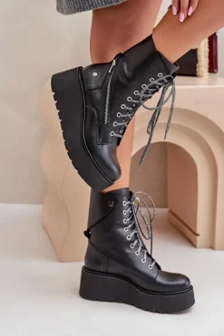 Maciejka Botki Ocieplane|Botki Maciejka*Skórzane Botki Workery Na Platformie I Koturnie 06676-01 Czarne Czarny