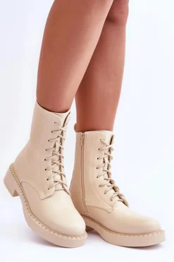 Damskie Boto Skórzane Botki Workery Na Płaskim Obcasie Jasnobeżowe Aganne