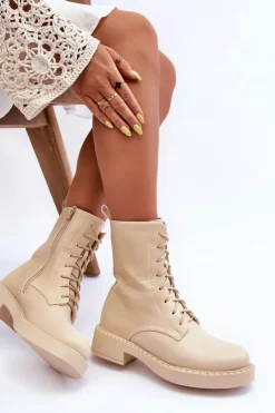 Damskie Boto Skórzane Botki Workery Na Płaskim Obcasie Jasnobeżowe Aganne