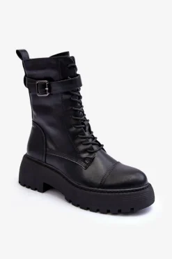 Boto Botki Sznurowane|Czarne Botki*Skórzane Botki Workery Na Płaskim Obcasie Z Klamrą Czarne Samivlo