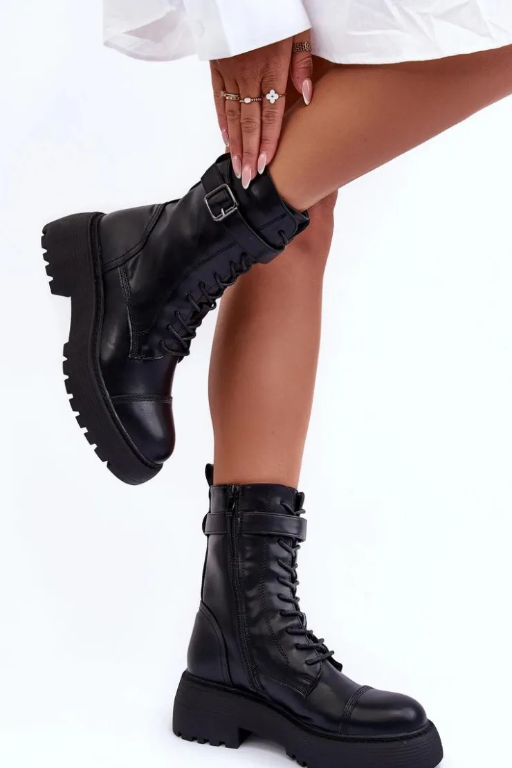 Boto Botki Sznurowane|Czarne Botki*Skórzane Botki Workery Na Płaskim Obcasie Z Klamrą Czarne Samivlo