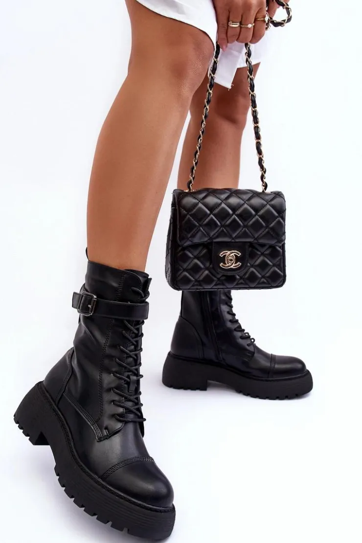 Boto Botki Sznurowane|Czarne Botki*Skórzane Botki Workery Na Płaskim Obcasie Z Klamrą Czarne Samivlo