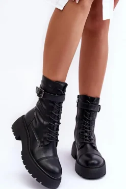 Boto Botki Sznurowane|Czarne Botki*Skórzane Botki Workery Na Płaskim Obcasie Z Klamrą Czarne Samivlo