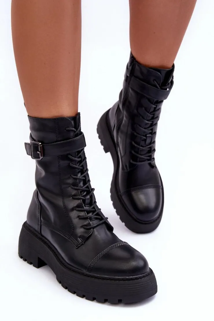 Boto Botki Sznurowane|Czarne Botki*Skórzane Botki Workery Na Płaskim Obcasie Z Klamrą Czarne Samivlo