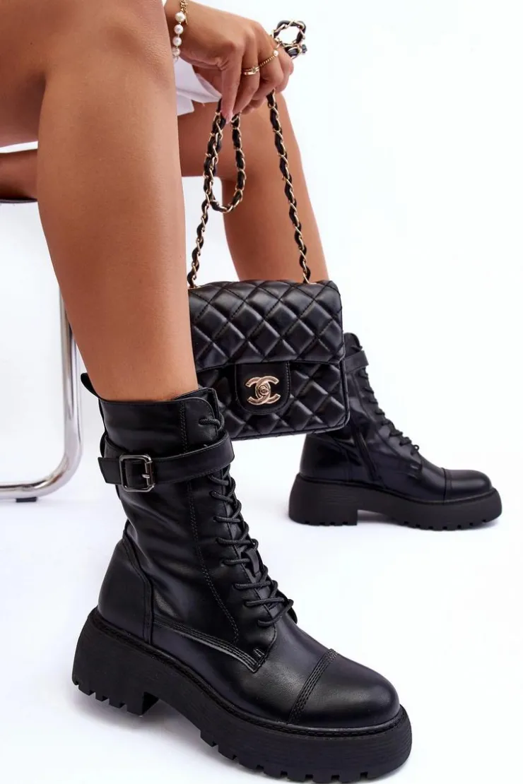 Boto Botki Sznurowane|Czarne Botki*Skórzane Botki Workery Na Płaskim Obcasie Z Klamrą Czarne Samivlo