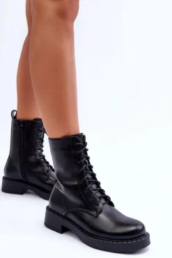 Boto Skórzane Botki Workery Na Płaskim Obcasie Czarne Aganne