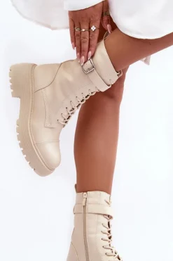 Damskie Boto Skórzane Botki Workery Na Płaskim Obcasie Z Klamrą Jasnobeżowe Samivlo