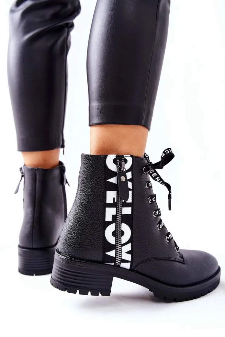 Damskie Boto Skórzane Botki Workery Na Suwak Czarne Henri