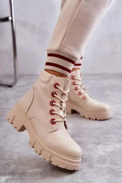 Boto Botki Sznurowane|Botki Zimowe Damskie*Skórzane Botki Workery Na Suwak Beżowe Messa