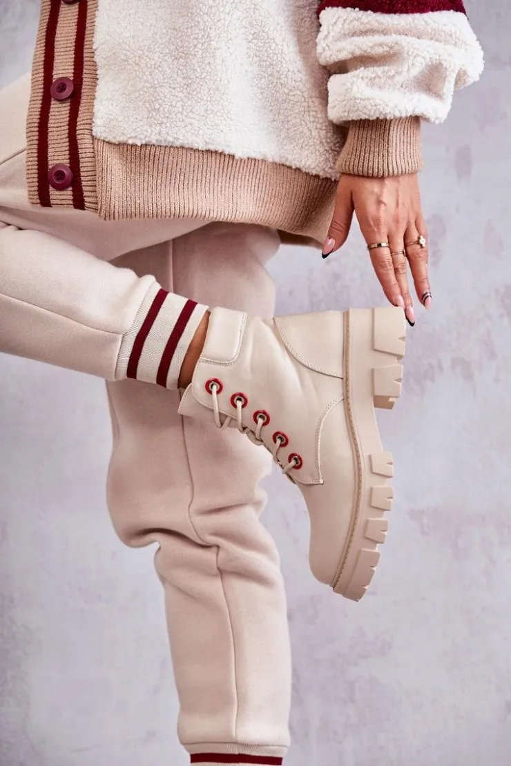 Boto Botki Sznurowane|Botki Zimowe Damskie*Skórzane Botki Workery Na Suwak Beżowe Messa