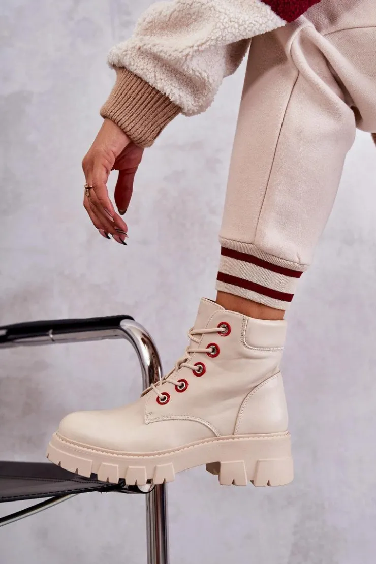 Boto Botki Sznurowane|Botki Zimowe Damskie*Skórzane Botki Workery Na Suwak Beżowe Messa