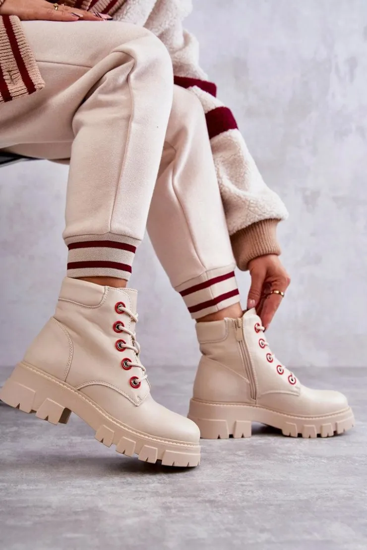 Boto Botki Sznurowane|Botki Zimowe Damskie*Skórzane Botki Workery Na Suwak Beżowe Messa