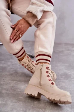 Boto Botki Sznurowane|Botki Zimowe Damskie*Skórzane Botki Workery Na Suwak Beżowe Messa