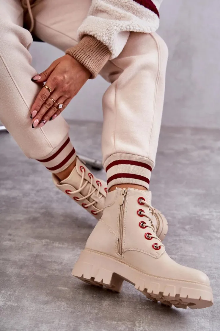 Boto Botki Sznurowane|Botki Zimowe Damskie*Skórzane Botki Workery Na Suwak Beżowe Messa