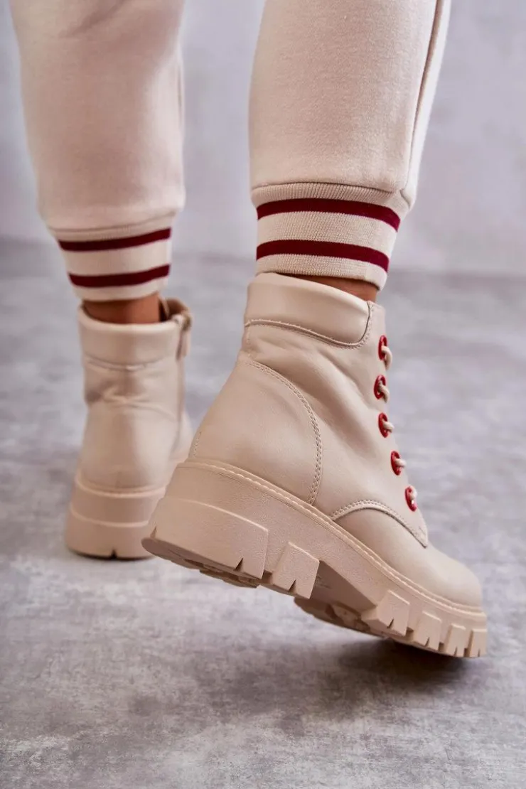 Boto Botki Sznurowane|Botki Zimowe Damskie*Skórzane Botki Workery Na Suwak Beżowe Messa