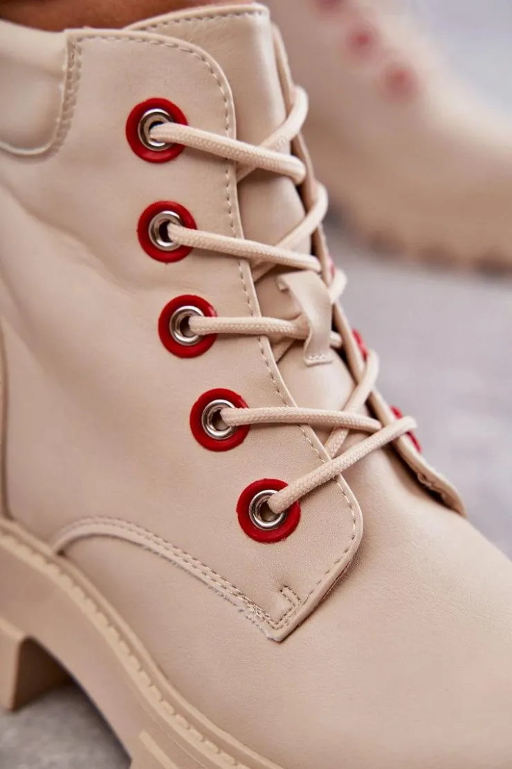 Boto Botki Sznurowane|Botki Zimowe Damskie*Skórzane Botki Workery Na Suwak Beżowe Messa