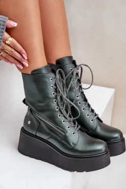 Discount Maciejka Skórzane Botki Workery Na Platformie I Koturnie 06676-09 Zielone Zielony