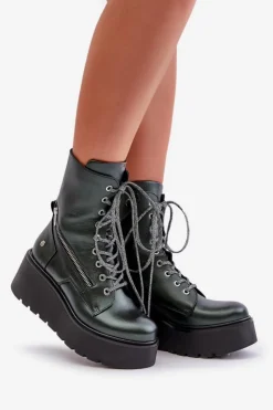 Discount Maciejka Skórzane Botki Workery Na Platformie I Koturnie 06676-09 Zielone Zielony