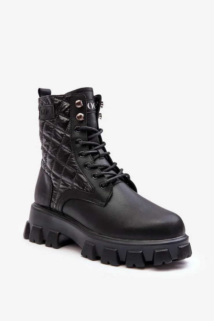 Damskie GOE Skórzane Botki Workery Na Płaskim Obcasie MM2N4021 Czarne