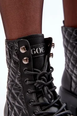 Damskie GOE Skórzane Botki Workery Na Płaskim Obcasie MM2N4021 Czarne