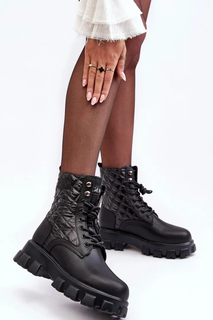 Damskie GOE Skórzane Botki Workery Na Płaskim Obcasie MM2N4021 Czarne