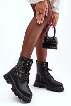 Damskie GOE Skórzane Botki Workery Na Płaskim Obcasie MM2N4021 Czarne