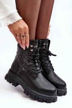 Damskie GOE Skórzane Botki Workery Na Płaskim Obcasie MM2N4021 Czarne