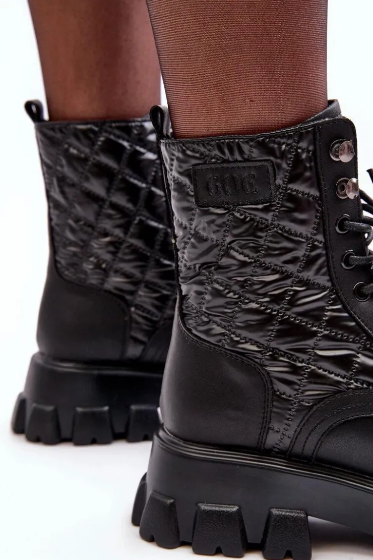 Damskie GOE Skórzane Botki Workery Na Płaskim Obcasie MM2N4021 Czarne