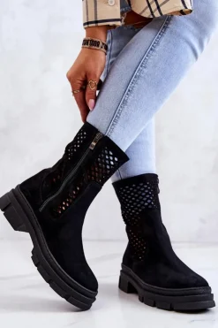 Damskie Boto Skórzane Botki Workery Nicole Czarne 2711