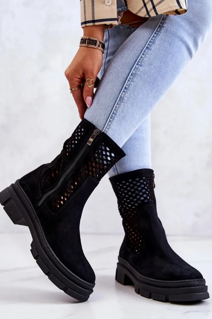 Damskie Boto Skórzane Botki Workery Nicole Czarne 2711