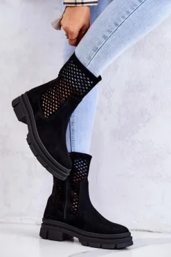 Damskie Boto Skórzane Botki Workery Nicole Czarne 2711