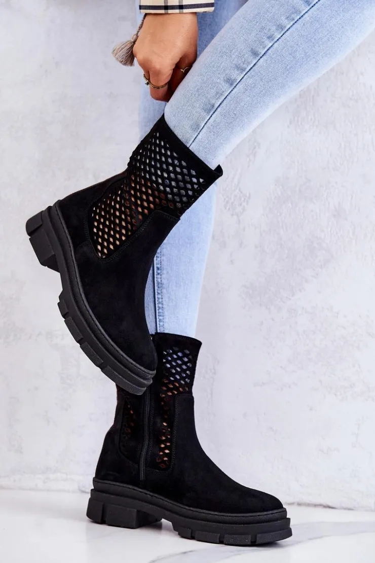 Damskie Boto Skórzane Botki Workery Nicole Czarne 2711