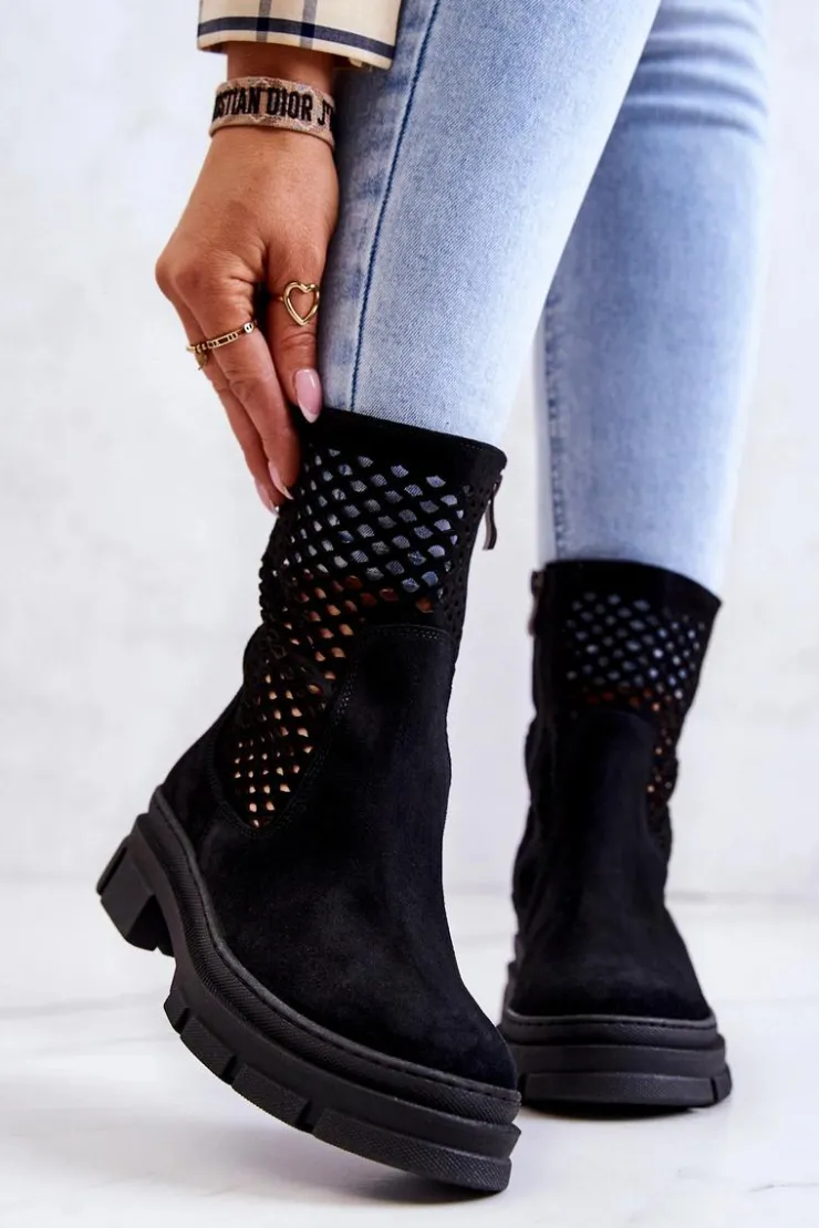 Damskie Boto Skórzane Botki Workery Nicole Czarne 2711