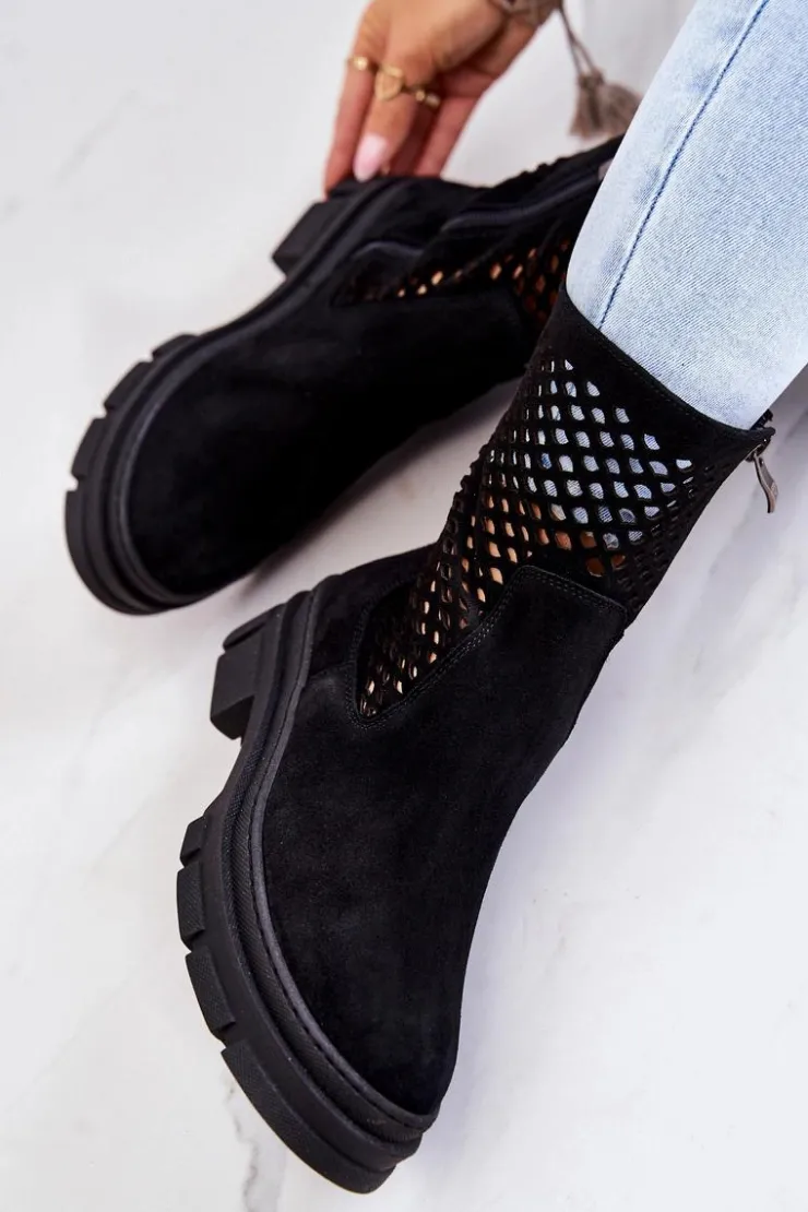 Damskie Boto Skórzane Botki Workery Nicole Czarne 2711