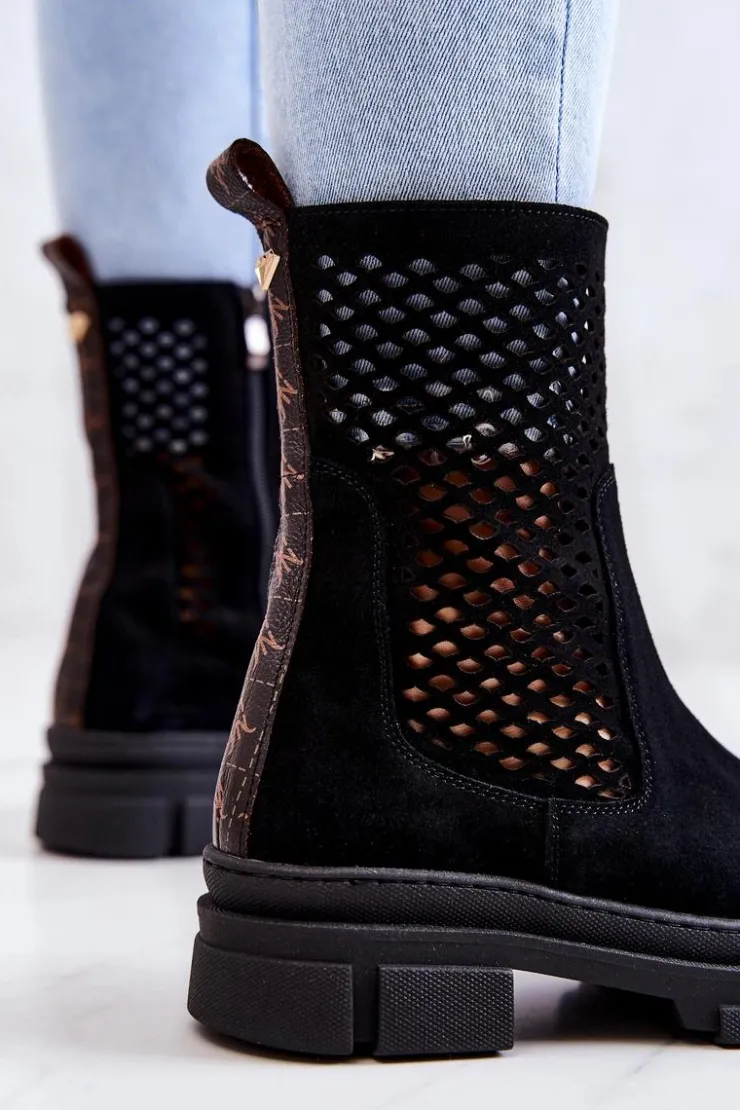 Damskie Boto Skórzane Botki Workery Nicole Czarne 2711