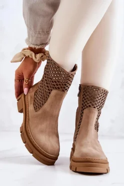 Clearance Boto Skórzane Botki Workery Nicole Jasnobrązowe 2711 Brązowy