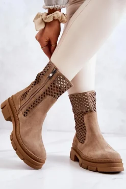 Clearance Boto Skórzane Botki Workery Nicole Jasnobrązowe 2711 Brązowy