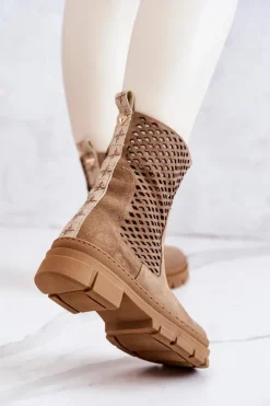 Clearance Boto Skórzane Botki Workery Nicole Jasnobrązowe 2711 Brązowy