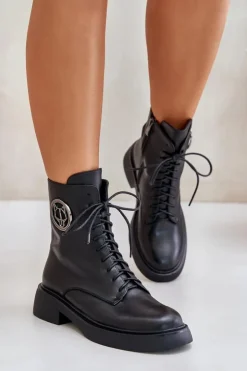 Sale Boto Skórzane Botki Workery Ocieplane Na Zamek Z Ozdobą Czarne Lorevine