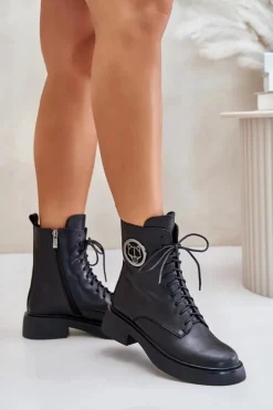 Sale Boto Skórzane Botki Workery Ocieplane Na Zamek Z Ozdobą Czarne Lorevine