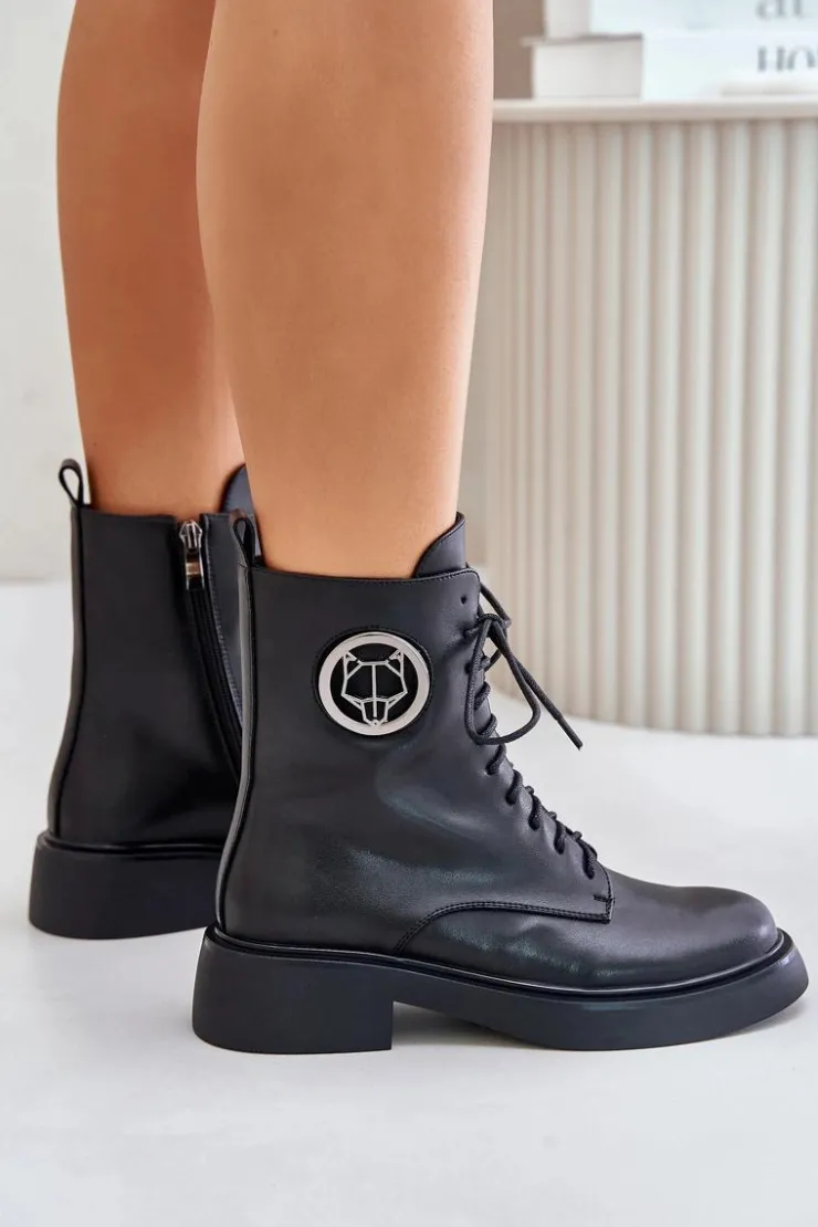 Sale Boto Skórzane Botki Workery Ocieplane Na Zamek Z Ozdobą Czarne Lorevine