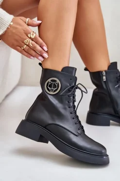 Sale Boto Skórzane Botki Workery Ocieplane Na Zamek Z Ozdobą Czarne Lorevine